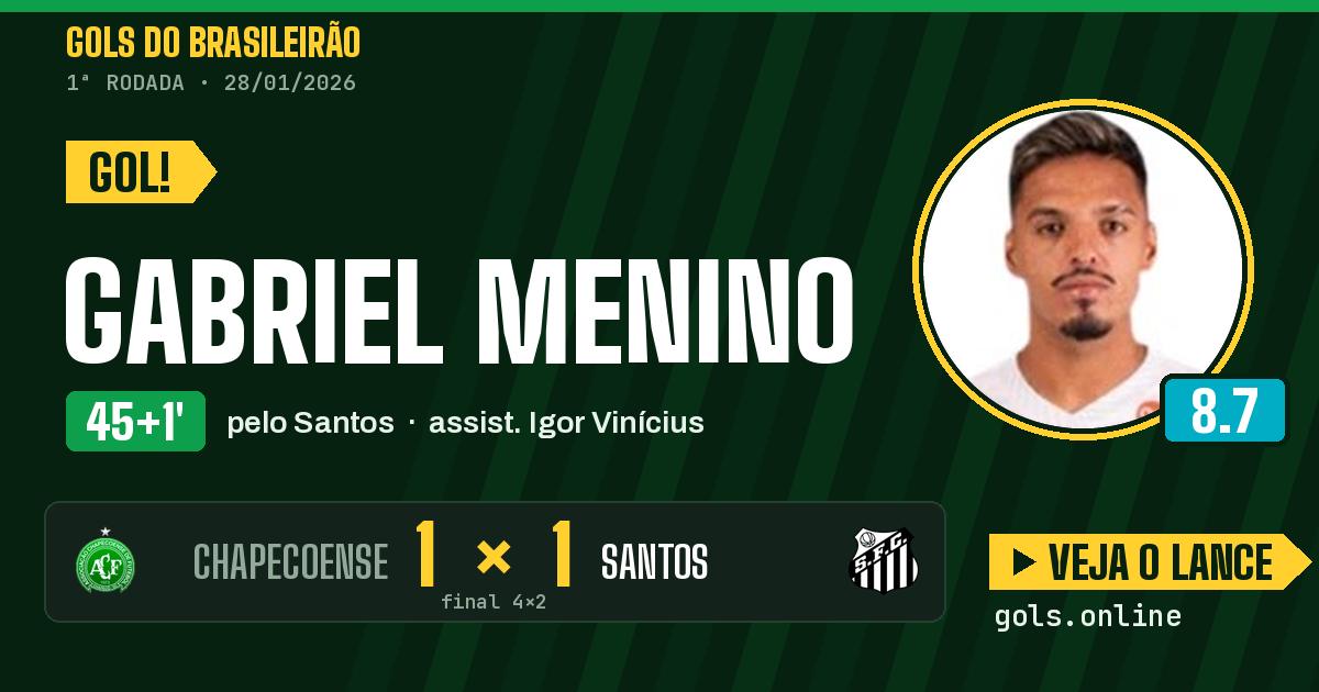 Gol de Gabriel Menino aos 45+1 minutos em Chapecoense 4 x 2 Santos
