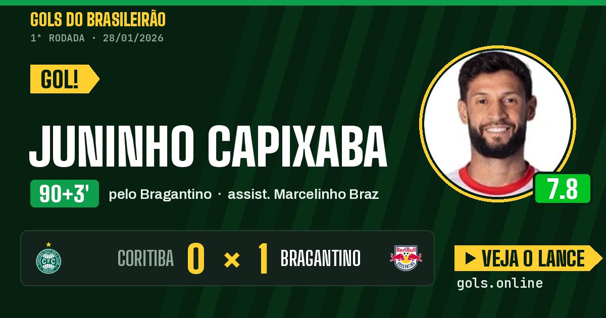 Gol de Juninho Capixaba aos 90+3 minutos em Coritiba 0 x 1 Bragantino