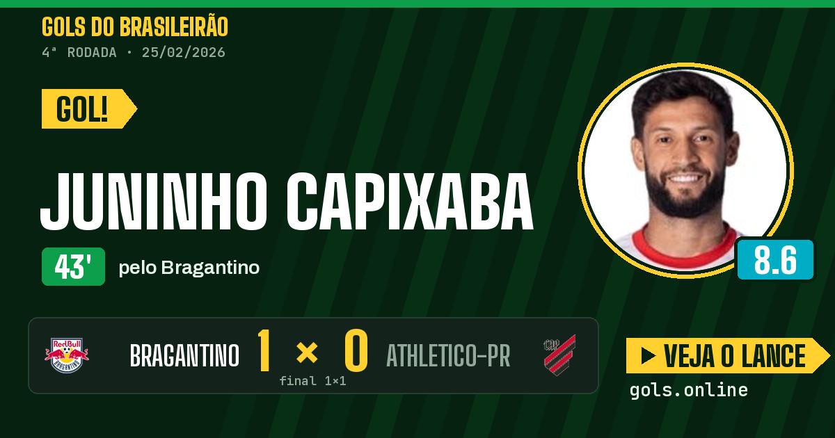 Gol de Juninho Capixaba aos 43 minutos em Bragantino 1 x 1 Athletico-PR