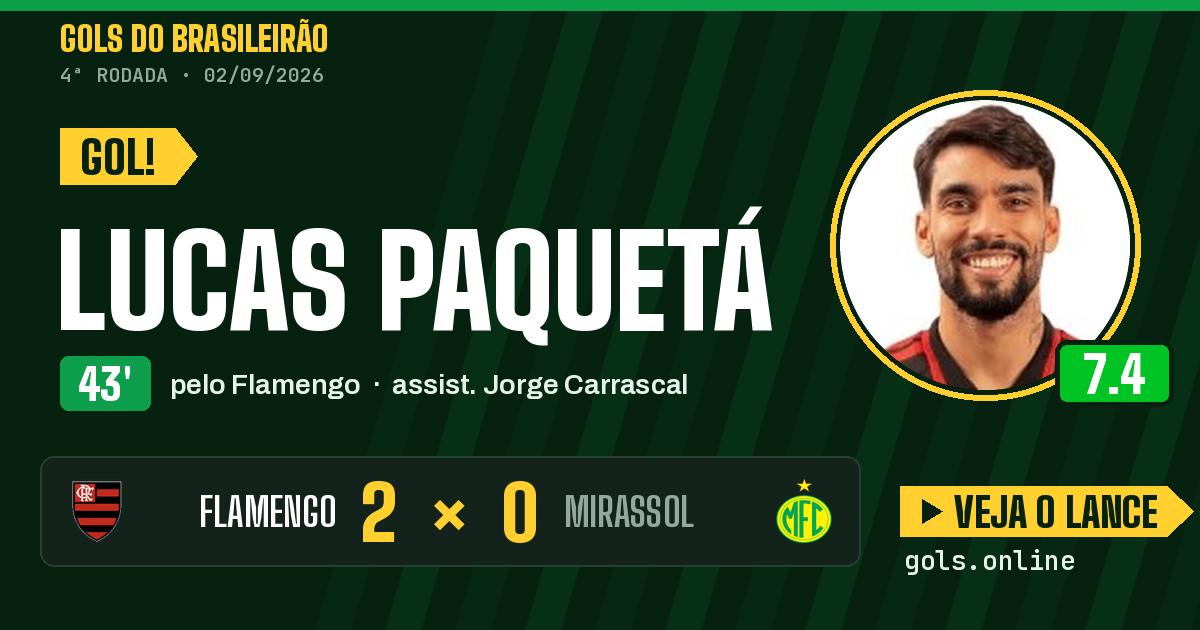 Gol de Lucas Paquetá aos 43 minutos em Flamengo 2 x 0 Mirassol