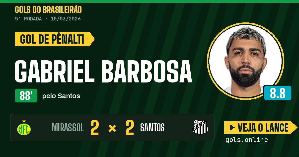 Gol de Gabriel Barbosa aos 88 minutos em Mirassol 2 x 2 Santos
