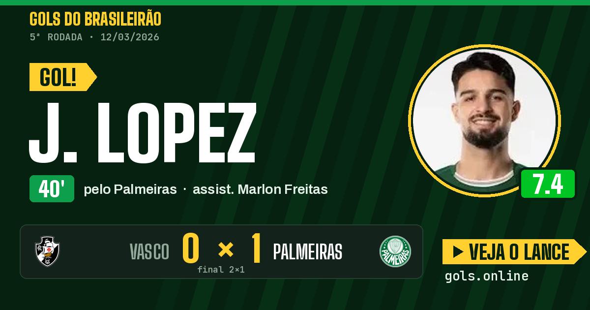 Gol de J. Lopez aos 40 minutos em Vasco 2 x 1 Palmeiras
