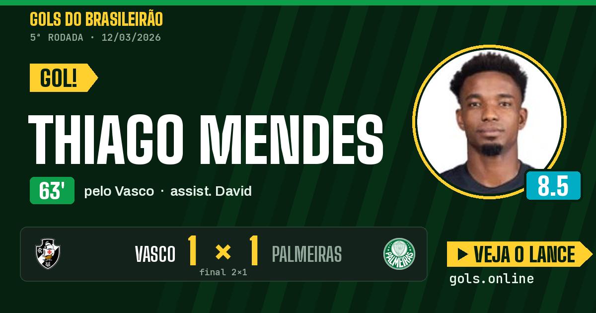 Gol de Thiago Mendes aos 63 minutos em Vasco 2 x 1 Palmeiras