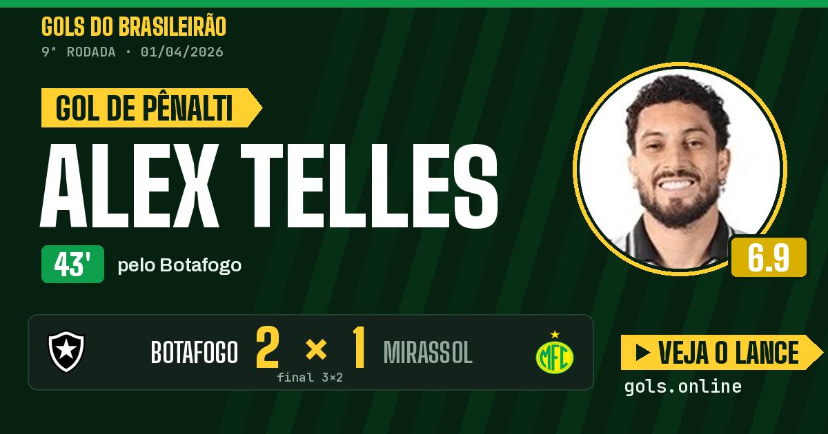 Gol de Alex Telles aos 43 minutos em Botafogo 3 x 2 Mirassol