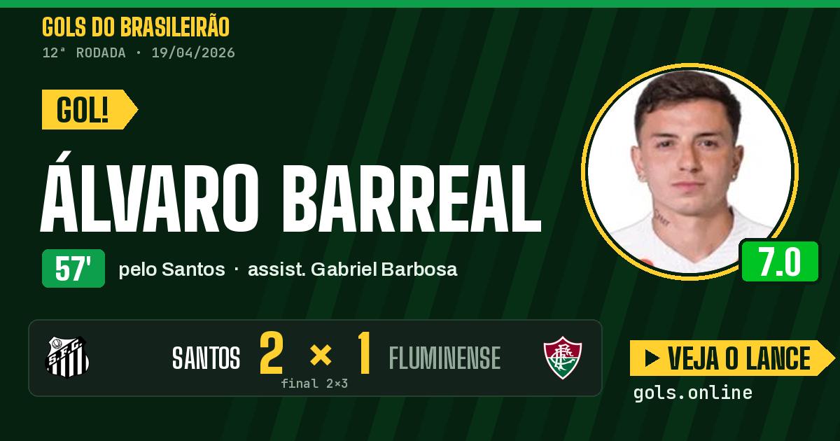 Gol de Álvaro Barreal aos 57 minutos em Santos 2 x 3 Fluminense