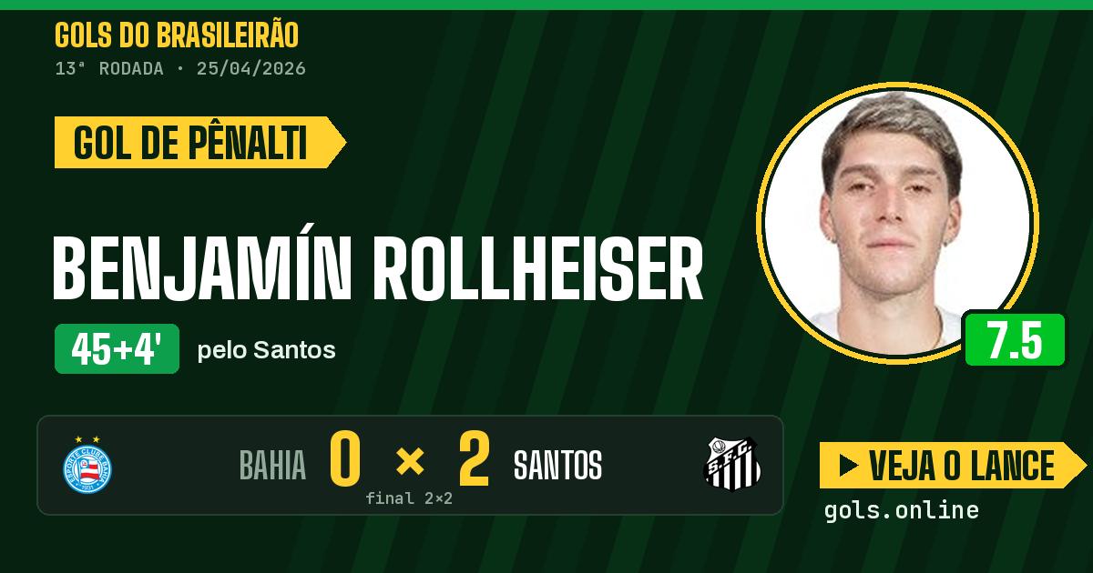 Gol de Benjamín Rollheiser aos 45+4 minutos em Bahia 2 x 2 Santos