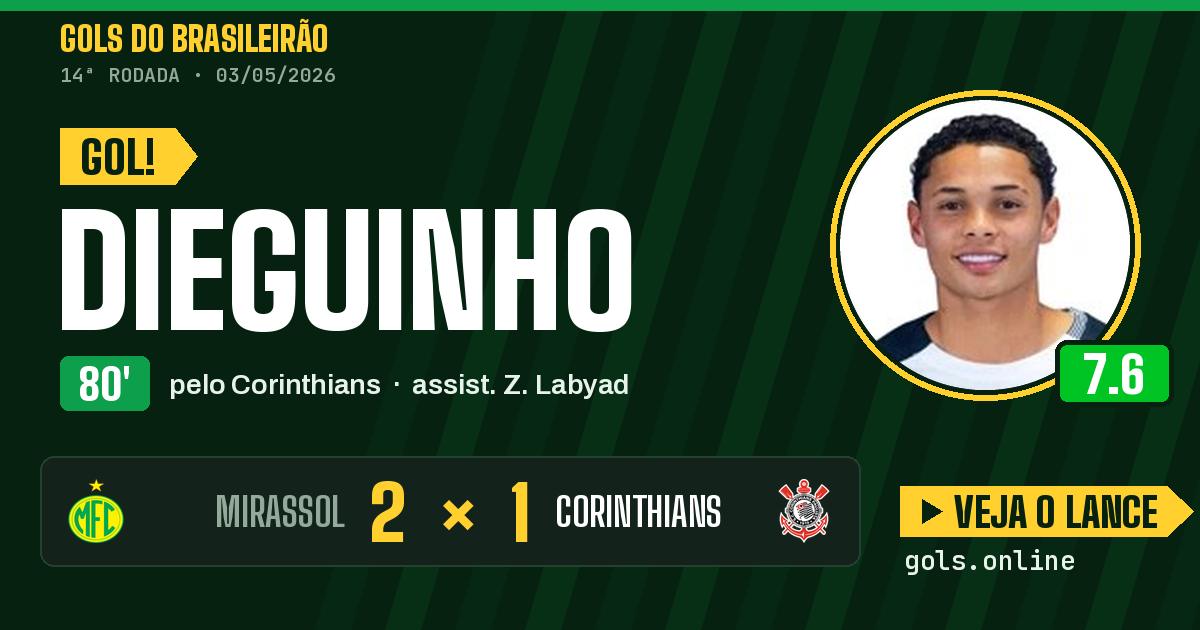 Gol de Dieguinho aos 80 minutos em Mirassol 2 x 1 Corinthians