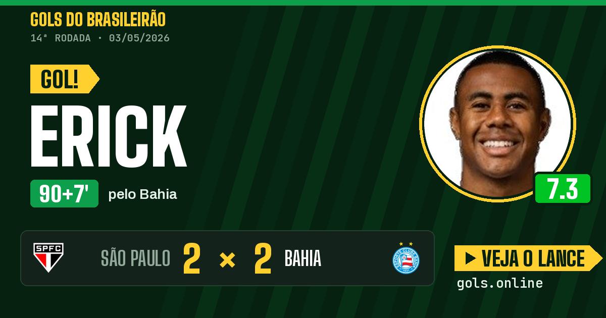 Gol de Erick aos 90+7 minutos em São Paulo 2 x 2 Bahia