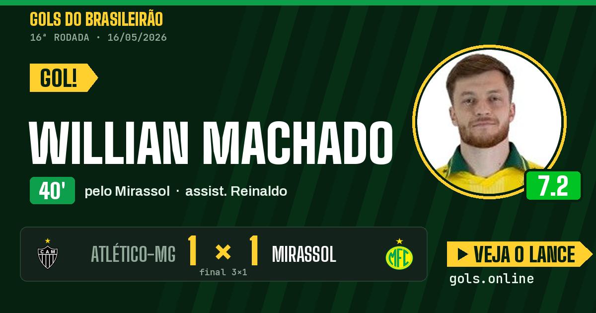 Gol de Willian Machado aos 40 minutos em Atlético-MG 3 x 1 Mirassol