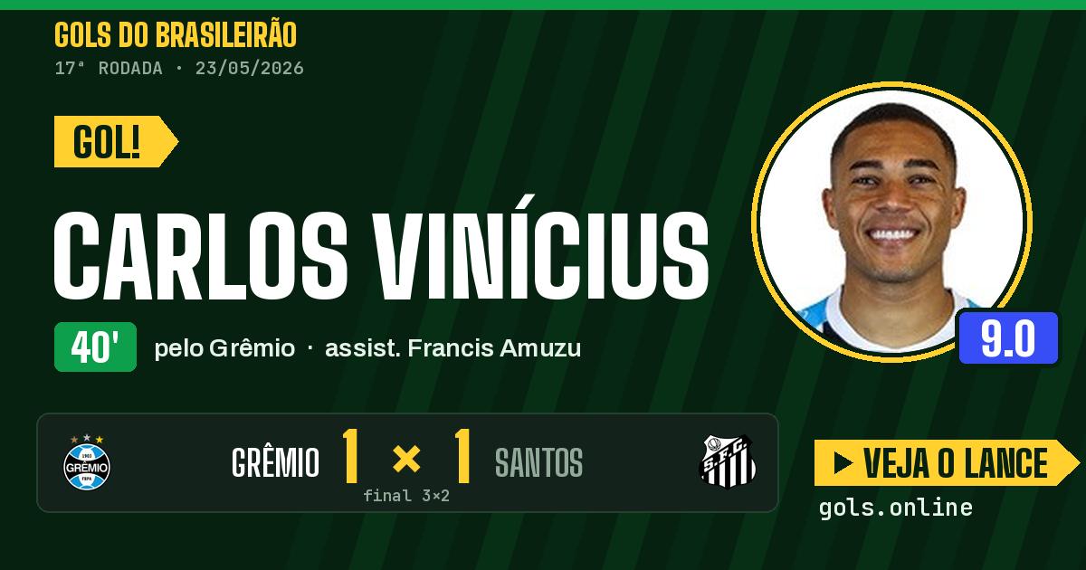 Gol de Carlos Vinícius aos 40 minutos em Grêmio 3 x 2 Santos