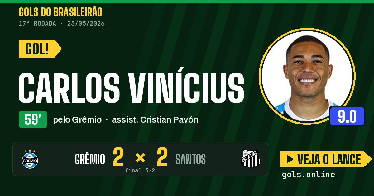 Gol de Carlos Vinícius aos 59 minutos em Grêmio 3 x 2 Santos