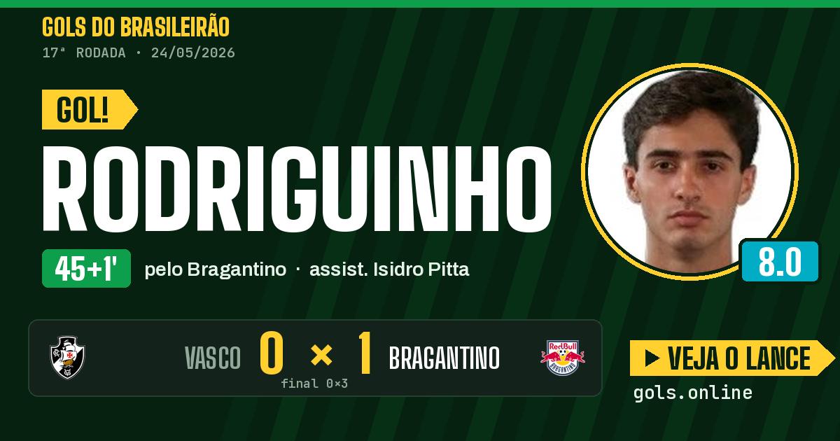 Gol de Rodriguinho aos 45+1 minutos em Vasco 0 x 3 Bragantino