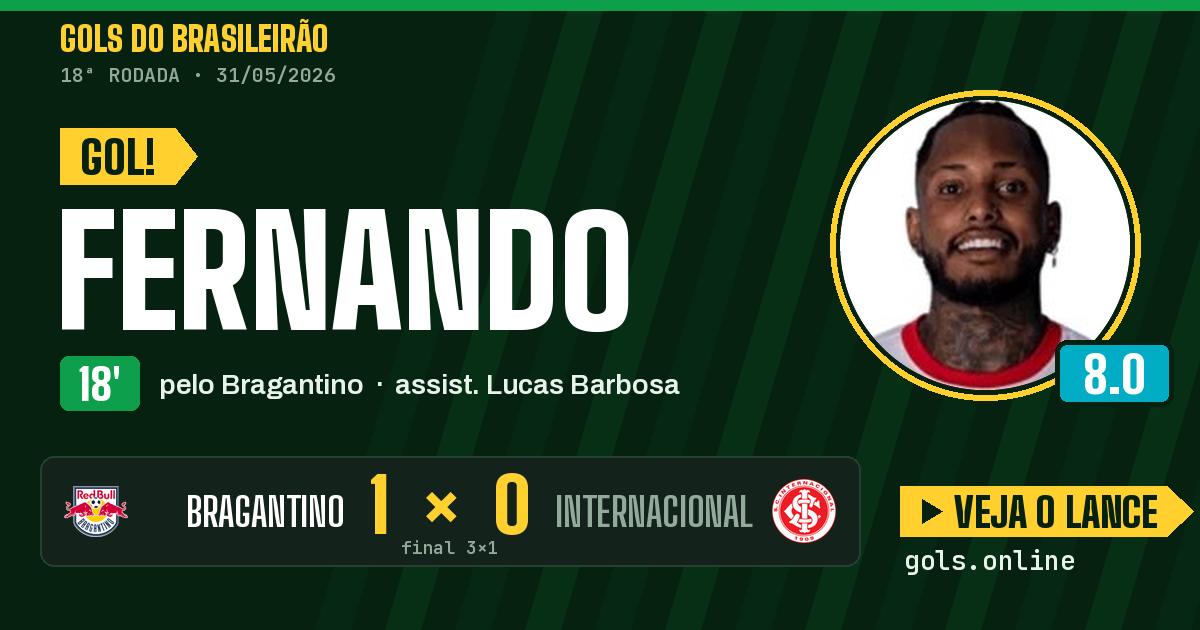 Gol de Fernando aos 18 minutos em Bragantino 3 x 1 Internacional