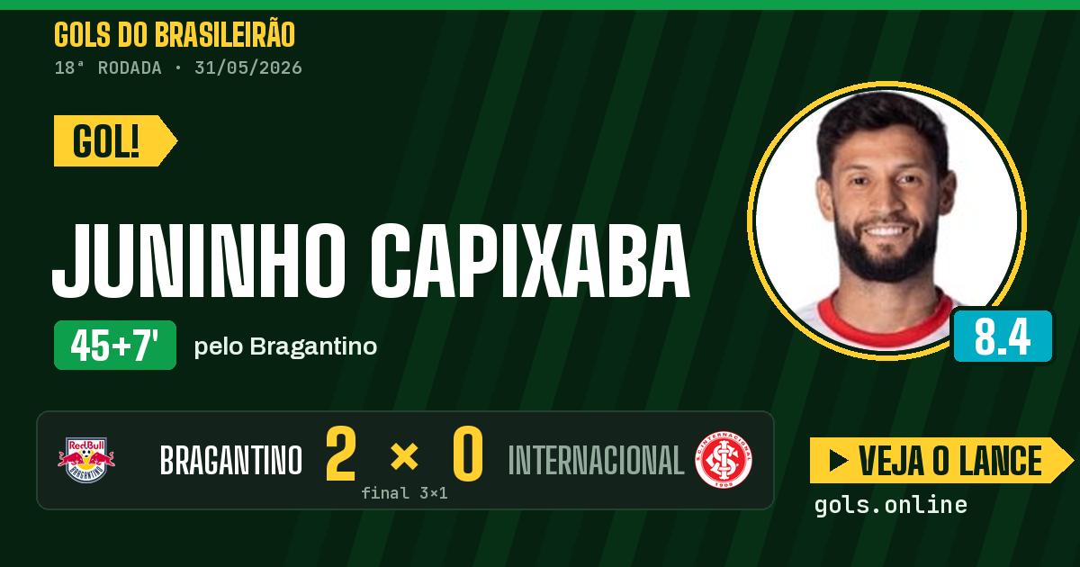Gol de Juninho Capixaba aos 45+7 minutos em Bragantino 3 x 1 Internacional