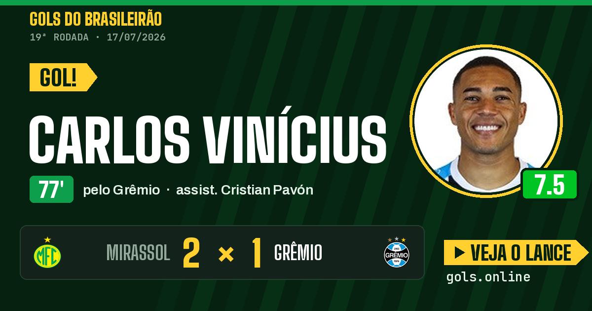 Gol de Carlos Vinícius aos 77 minutos em Mirassol 2 x 1 Grêmio