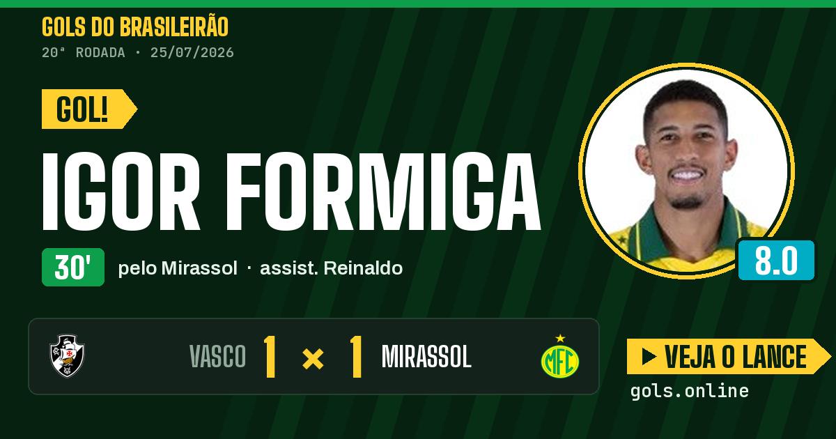 Gol de Igor Formiga aos 30 minutos em Vasco 1 x 1 Mirassol