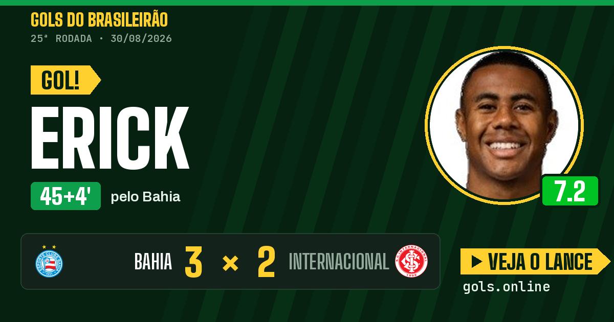 Gol de Erick aos 45+4 minutos em Bahia 3 x 2 Internacional