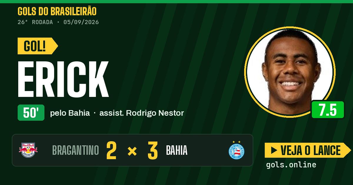 Gol de Erick aos 50 minutos em Bragantino 2 x 3 Bahia