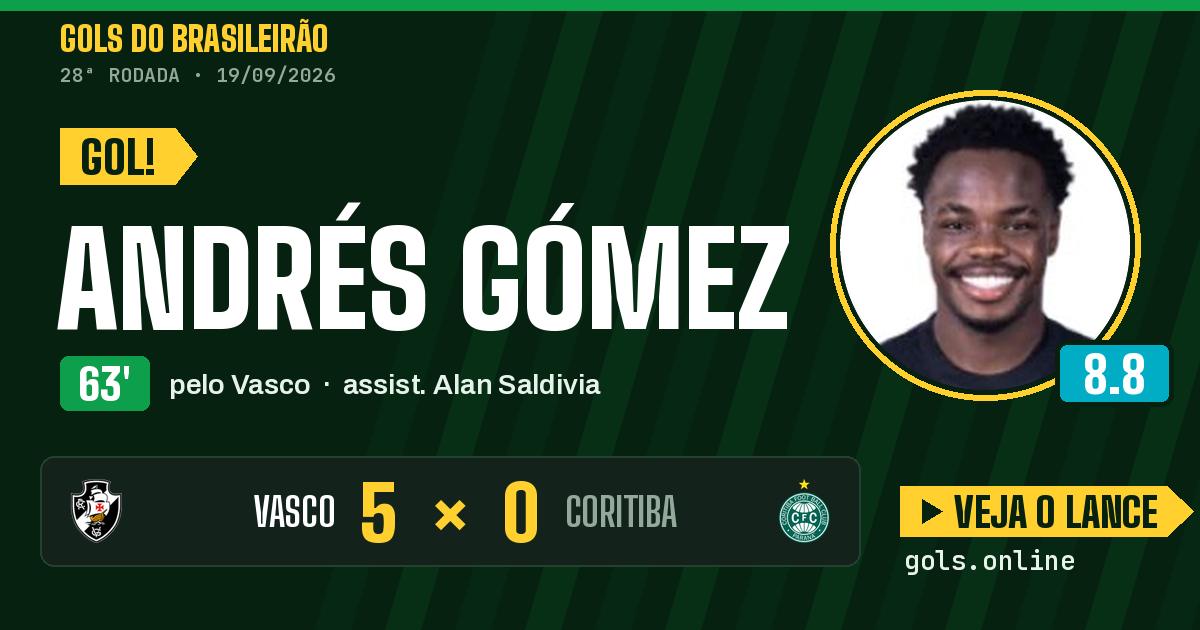 Gol de Andrés Gómez aos 63 minutos em Vasco 5 x 0 Coritiba