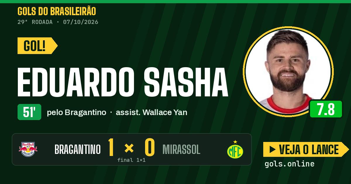 Gol de Eduardo Sasha aos 51 minutos em Bragantino 1 x 1 Mirassol