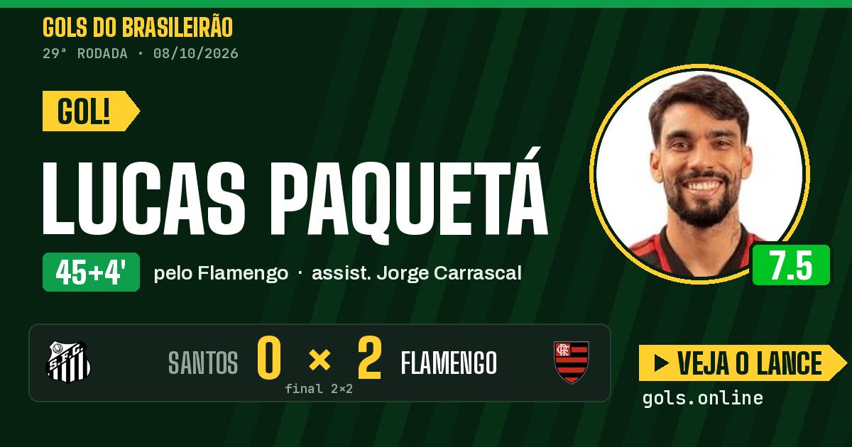 Gol de Lucas Paquetá aos 45+4 minutos em Santos 2 x 2 Flamengo